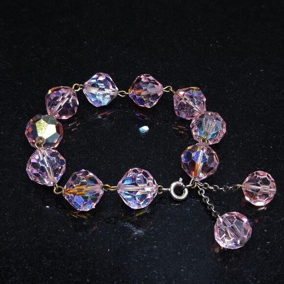Vintage 1960s  Pink Large Beaded Crystal Dangle Bracelet - Picture 3 of 10